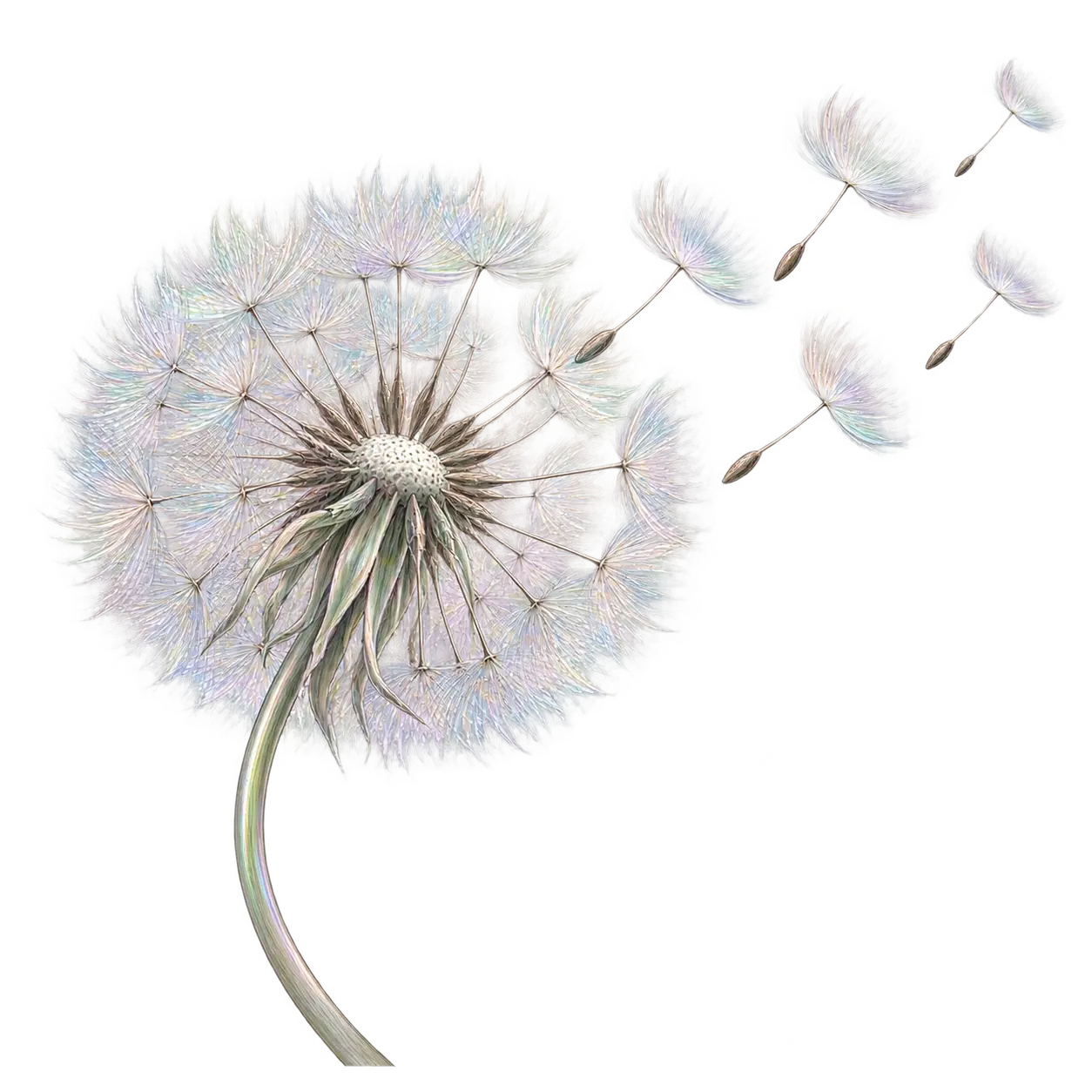 A luminous dandelion seed head with fine silver filaments and a few seeds drifting into the air.