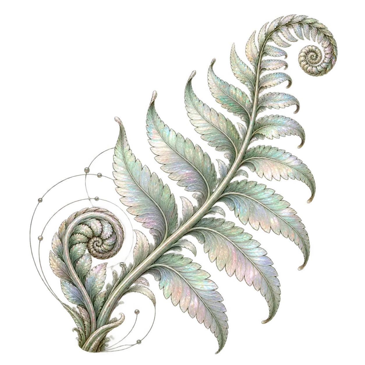 An unfurling fern and curled fiddlehead, with intricately veined leaflets catching soft iridescent light.