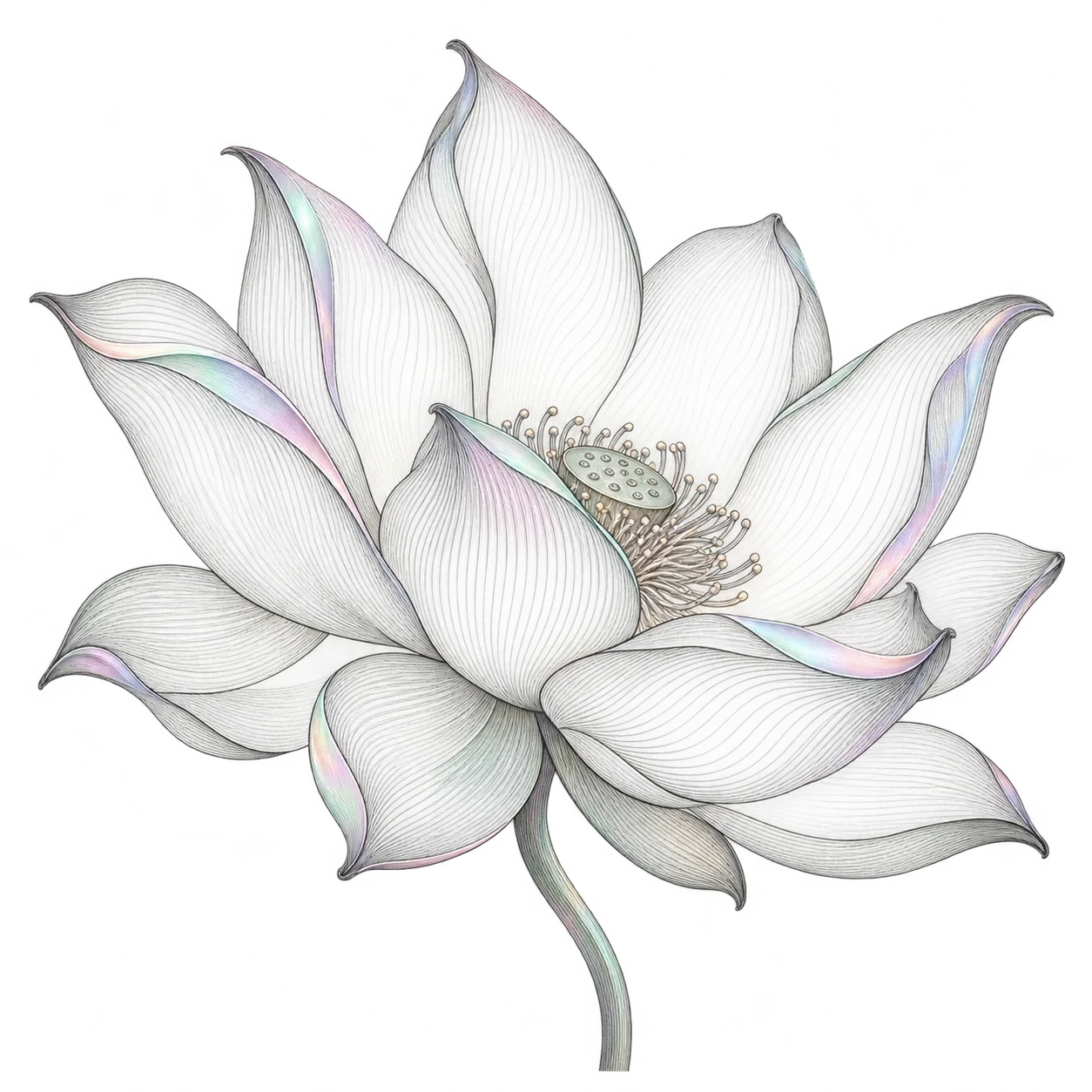 An open lotus drawn in fine grey contour lines, with iridescent mint, pink, and lavender seams tracing its petals.