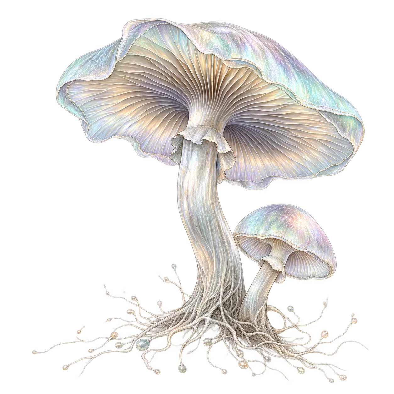 Two pearlescent woodland mushrooms revealing delicate radial gills and fine branching threads below their stems.